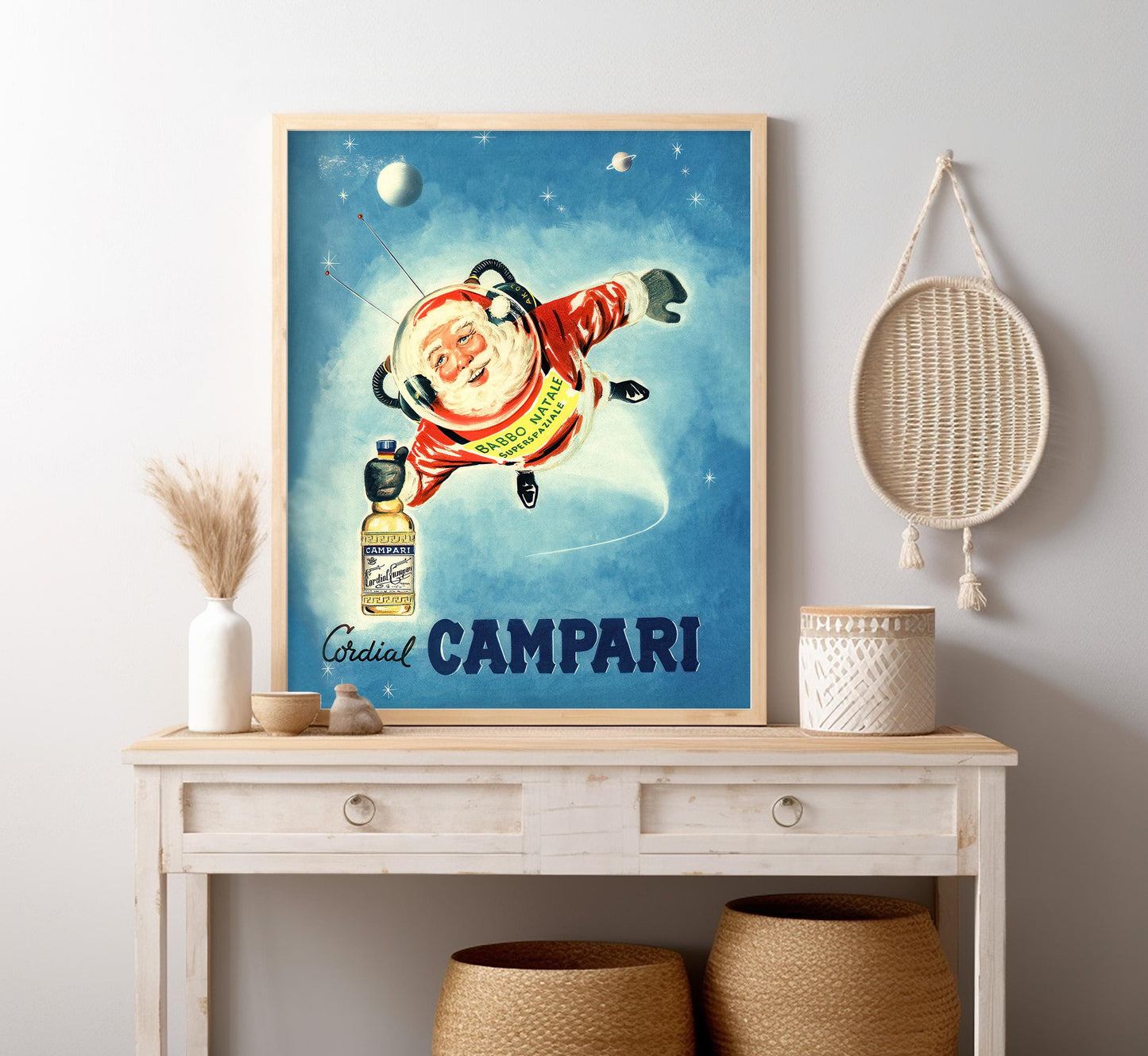 Santa in Space: Vintage Campari Christmas Advertisement Poster, Mid-Century Modern Art