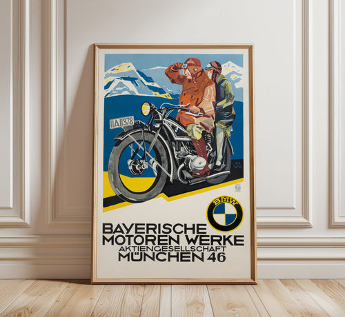 Circa 1927 BMW motorcycle advertising poster with alpine riders, mountain landscape and historic Bayerische Motoren Werke typography.