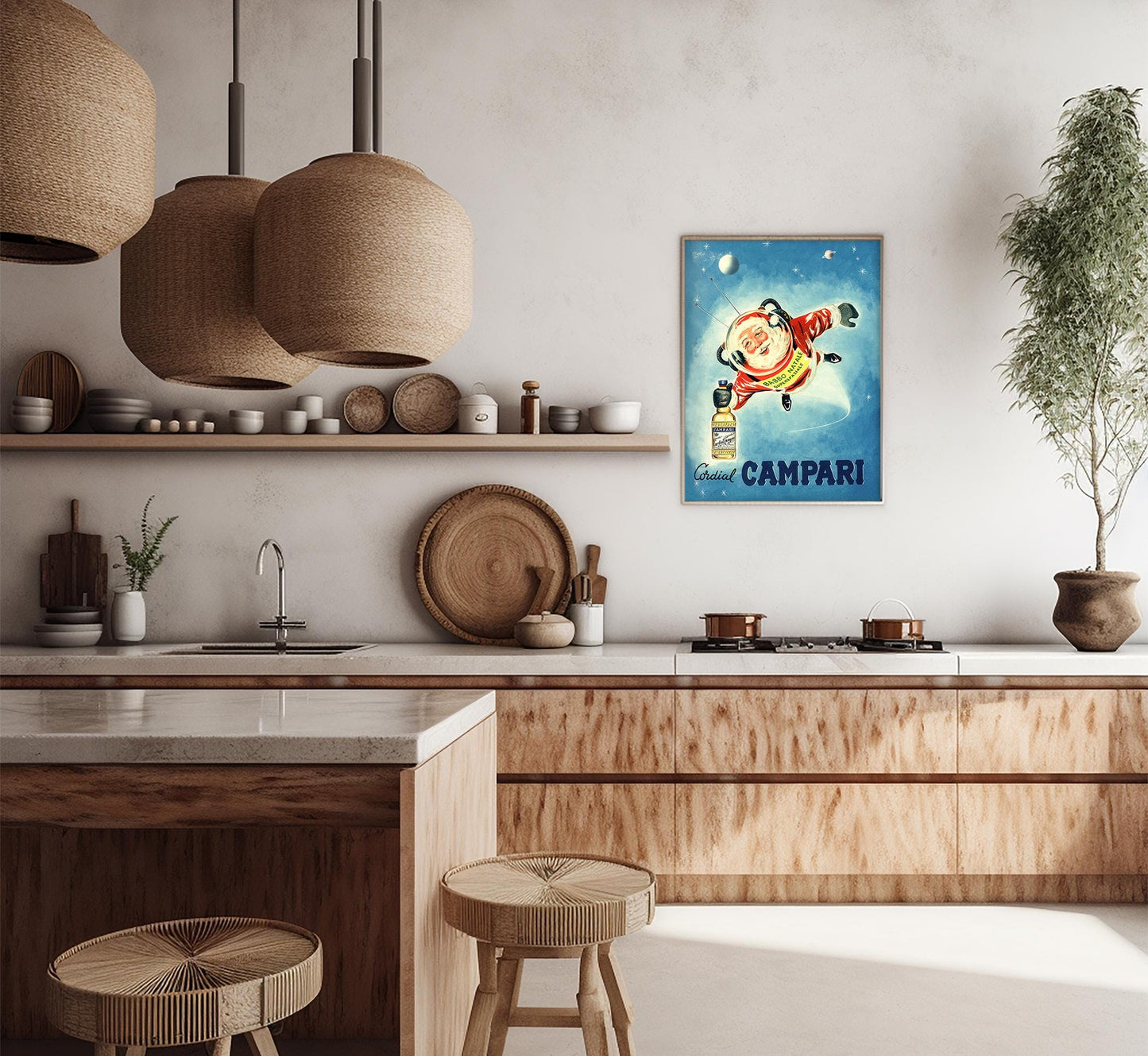 Santa in Space: Vintage Campari Christmas Advertisement Poster, Mid-Century Modern Art