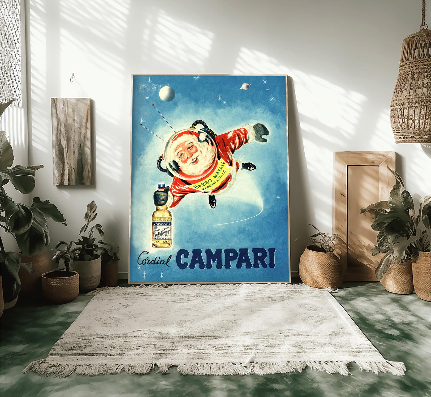 Santa in Space: Vintage Campari Christmas Advertisement Poster, Mid-Century Modern Art