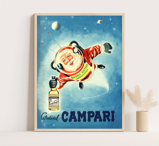 Santa in Space: Vintage Campari Christmas Advertisement Poster, Mid-Century Modern Art