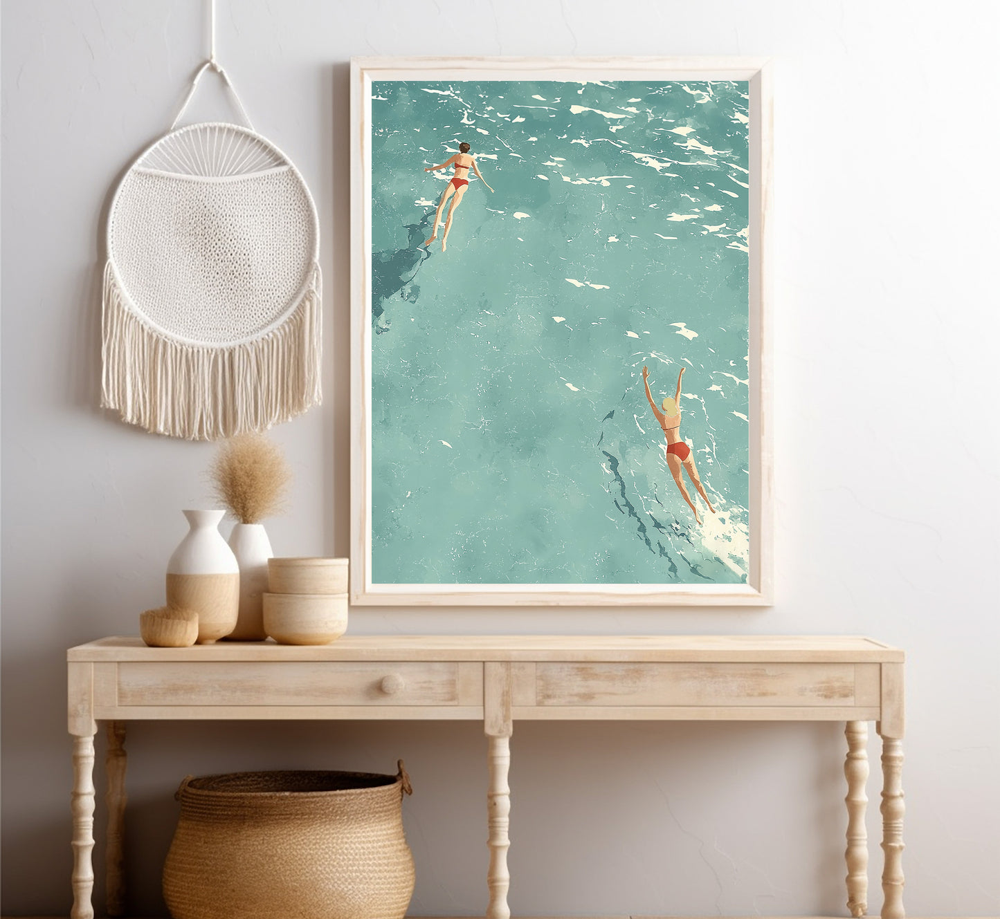 Minimalist Ocean Swimmers Print: Retro Beach Wall Art, Mid-Century Modern
