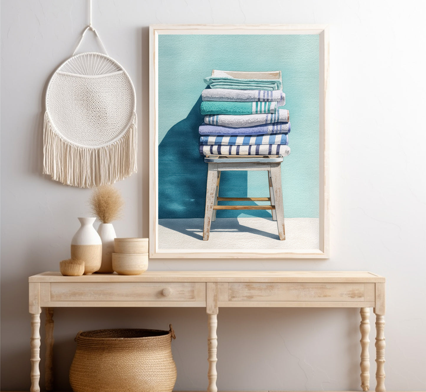 Folded Beach Towels Print: Minimalist Coastal Watercolor Wall Art