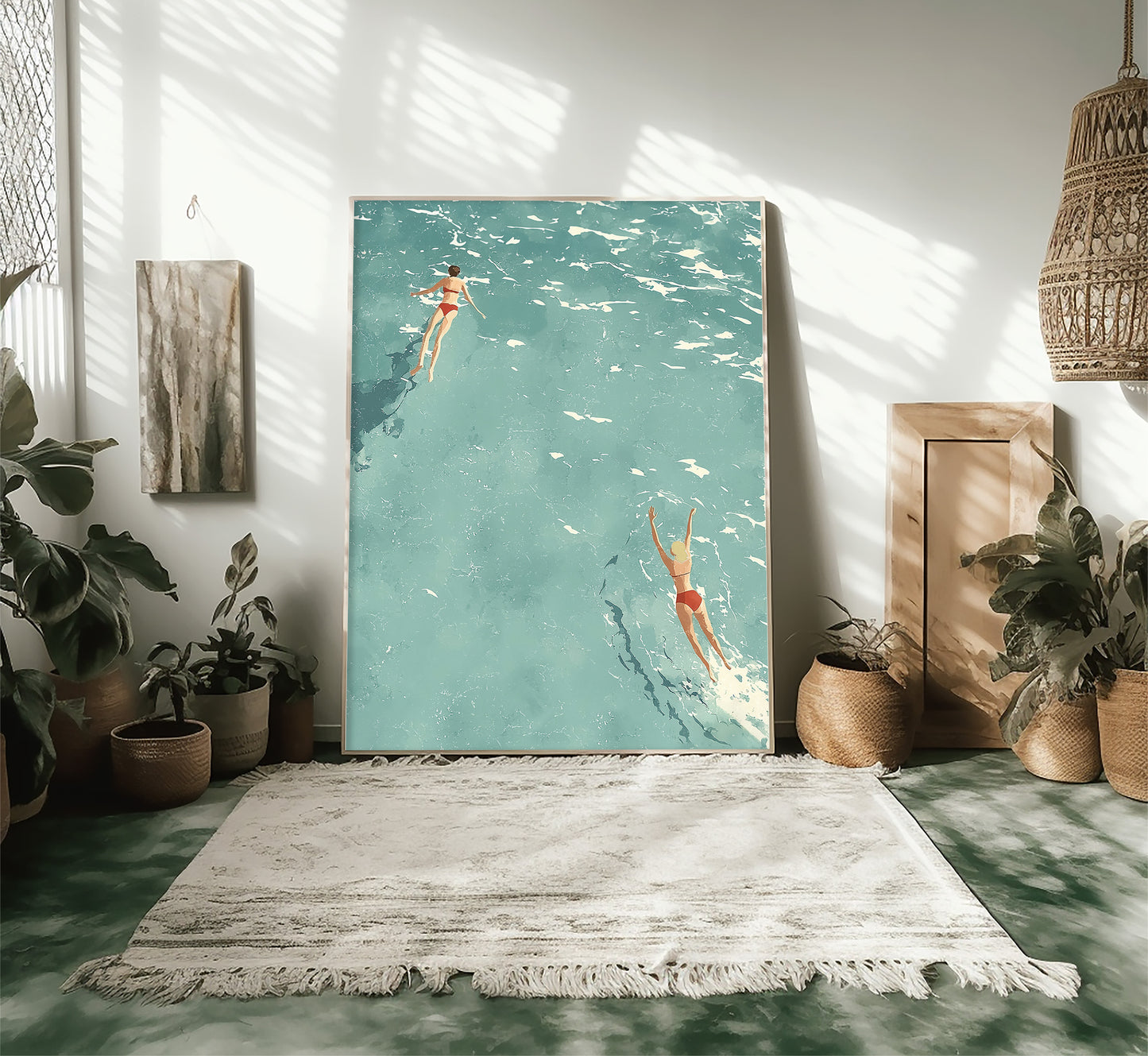 Minimalist Ocean Swimmers Print: Retro Beach Wall Art, Mid-Century Modern
