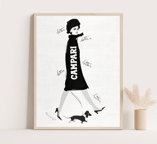 Vintage Campari Poster: 1960s Italian Fashion Illustration, Dachshund Art Print
