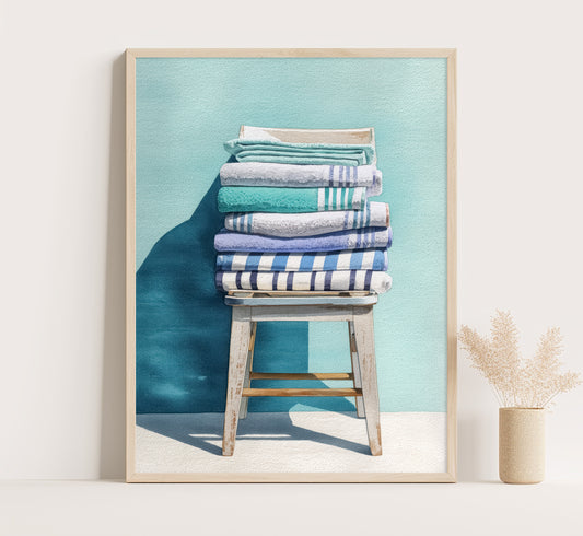 Folded Beach Towels Print: Minimalist Coastal Watercolor Wall Art
