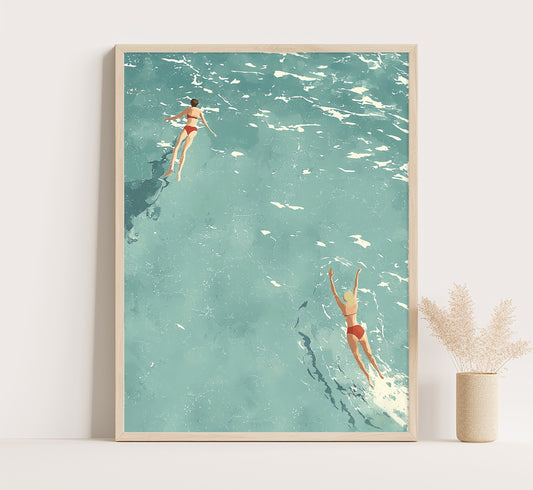 Minimalist Ocean Swimmers Print: Retro Beach Wall Art, Mid-Century Modern