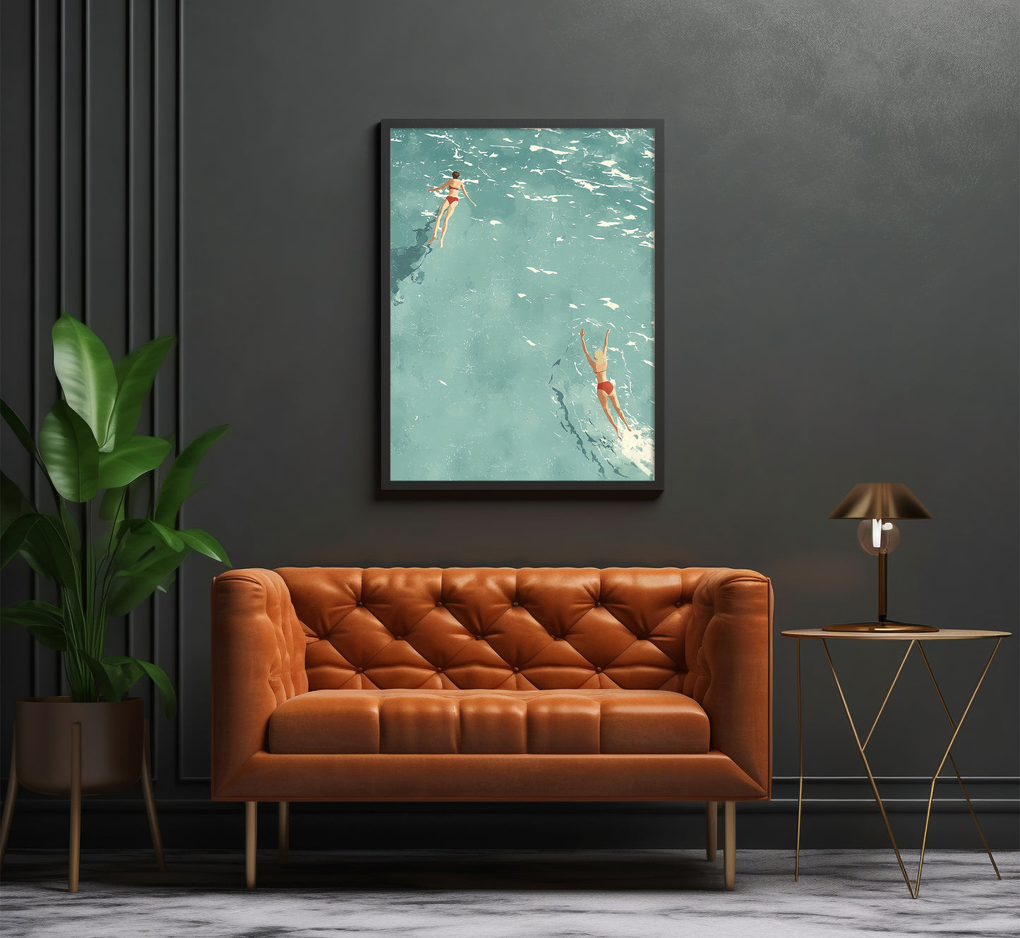 Minimalist Ocean Swimmers Print: Retro Beach Wall Art, Mid-Century Modern