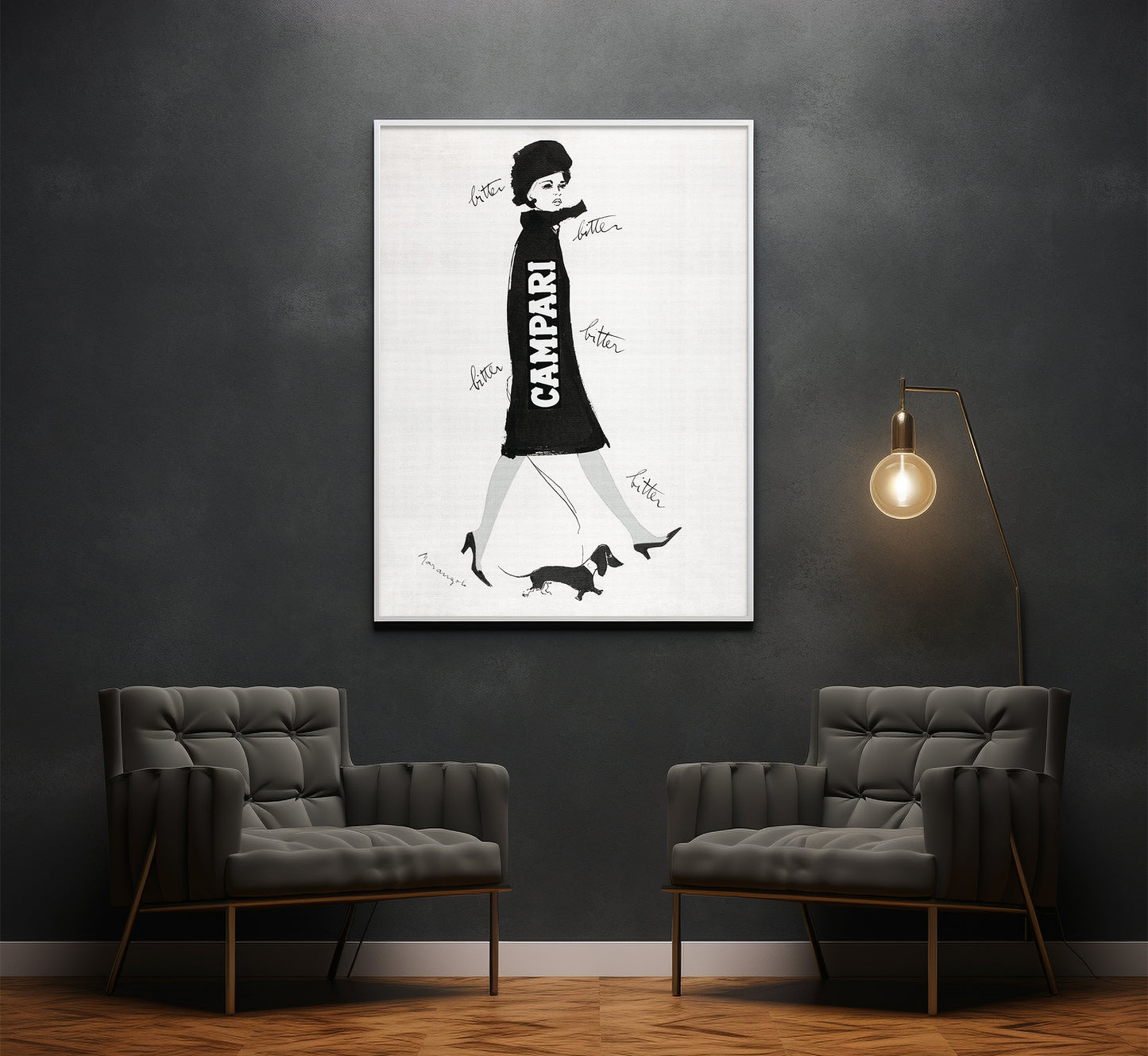 Vintage Campari Poster: 1960s Italian Fashion Illustration, Dachshund Art Print