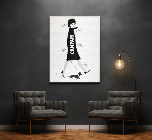 Vintage Campari Poster: 1960s Italian Fashion Illustration, Dachshund Art Print