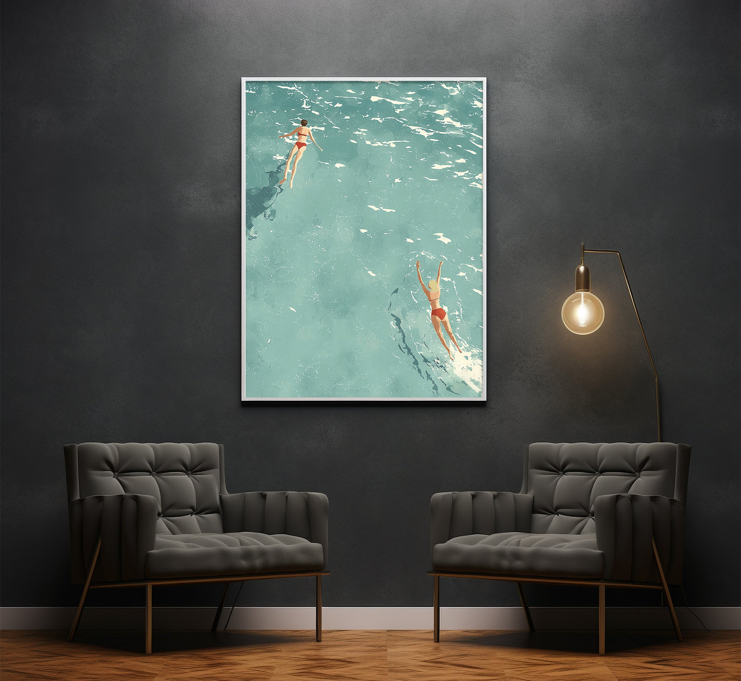 Minimalist Ocean Swimmers Print: Retro Beach Wall Art, Mid-Century Modern