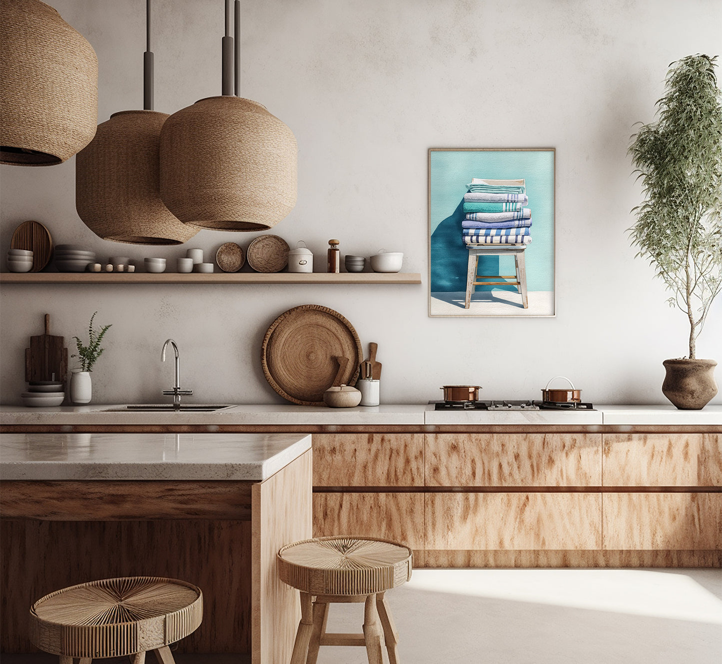 Folded Beach Towels Print: Minimalist Coastal Watercolor Wall Art