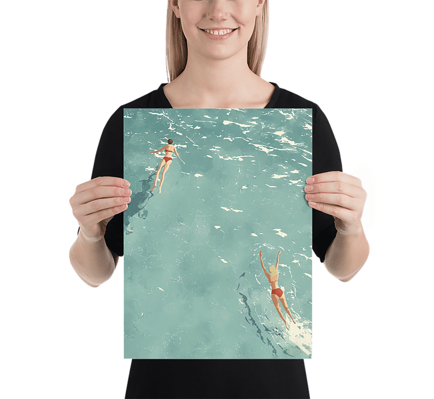Minimalist Ocean Swimmers Print: Retro Beach Wall Art, Mid-Century Modern