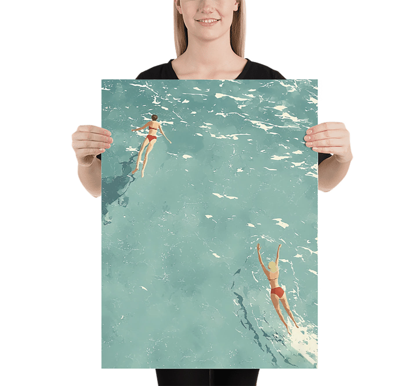 Minimalist Ocean Swimmers Print: Retro Beach Wall Art, Mid-Century Modern