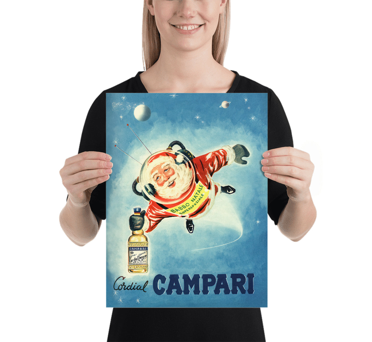 Santa in Space: Vintage Campari Christmas Advertisement Poster, Mid-Century Modern Art