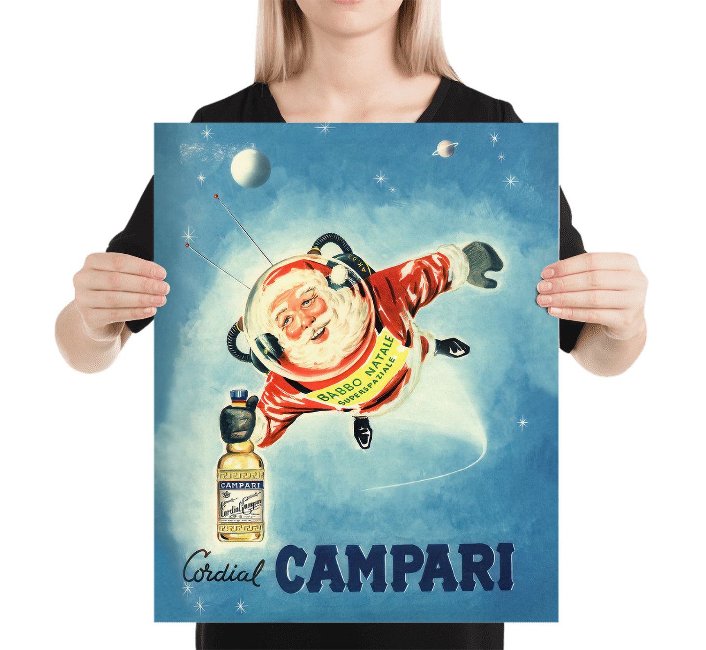 Santa in Space: Vintage Campari Christmas Advertisement Poster, Mid-Century Modern Art