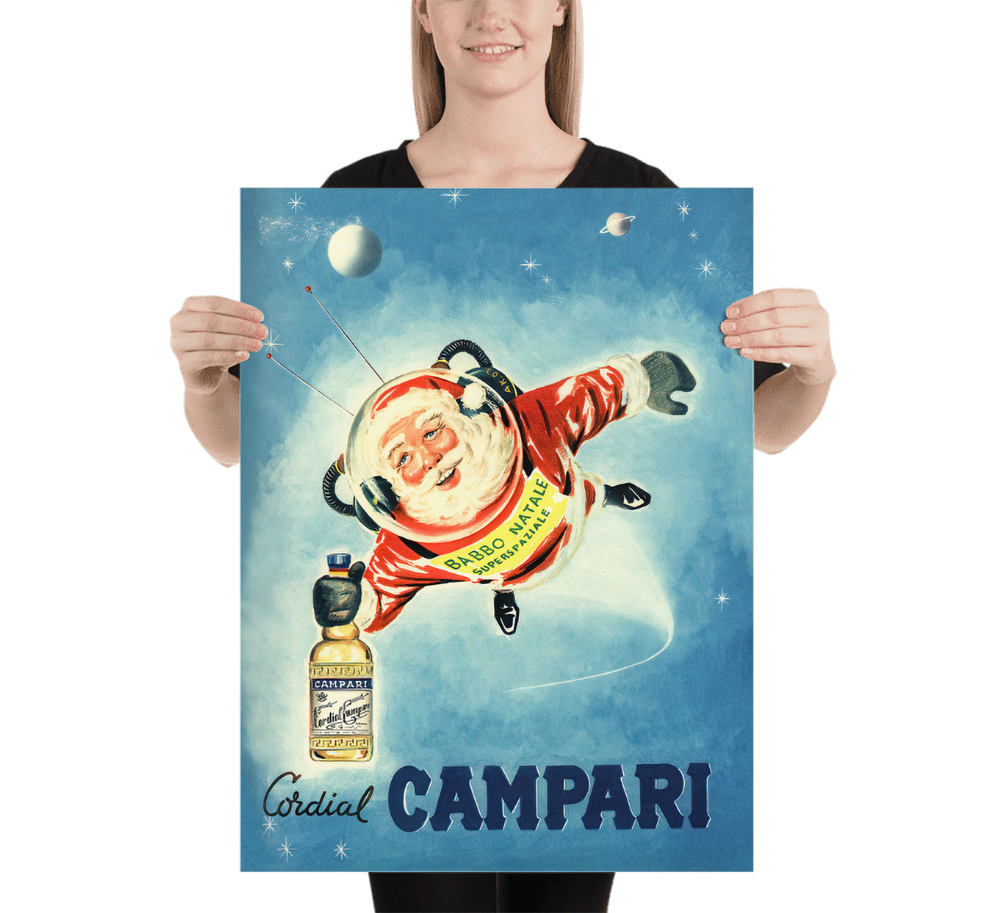 Santa in Space: Vintage Campari Christmas Advertisement Poster, Mid-Century Modern Art
