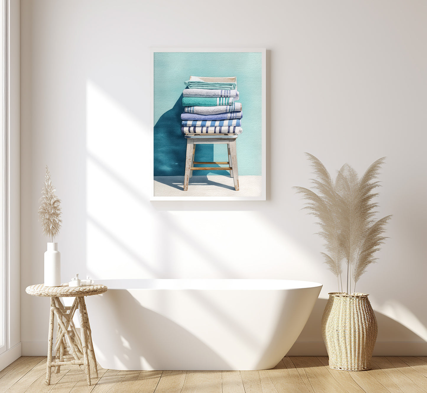 Folded Beach Towels Print: Minimalist Coastal Watercolor Wall Art