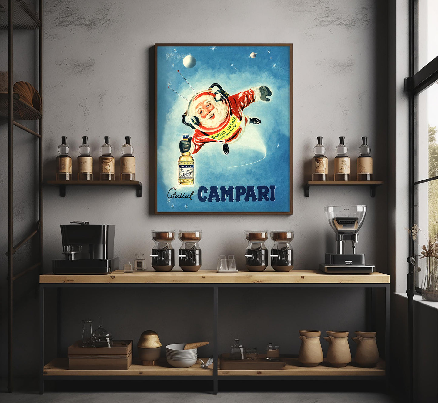 Santa in Space: Vintage Campari Christmas Advertisement Poster, Mid-Century Modern Art