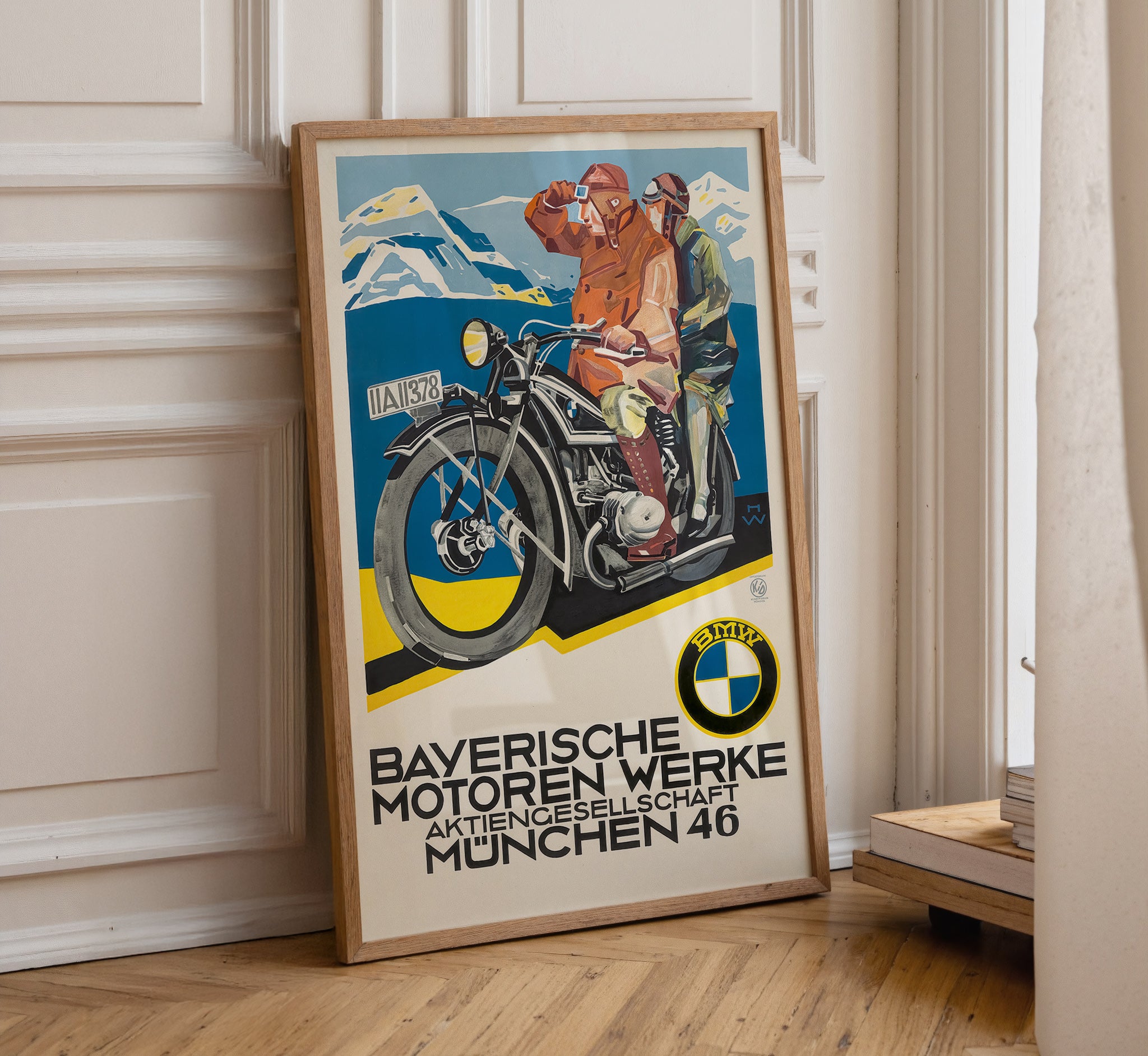 Bayerische Motoren Werke vintage motorcycle advertising poster featuring two alpine riders and an early BMW motorcycle.