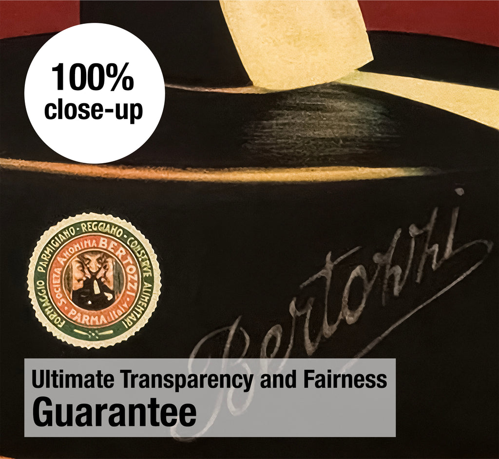 100 percent close-up of the restored Bertozzi Parmigiano Reggiano poster showing the artwork’s fine detail, original printed character and restored image quality.