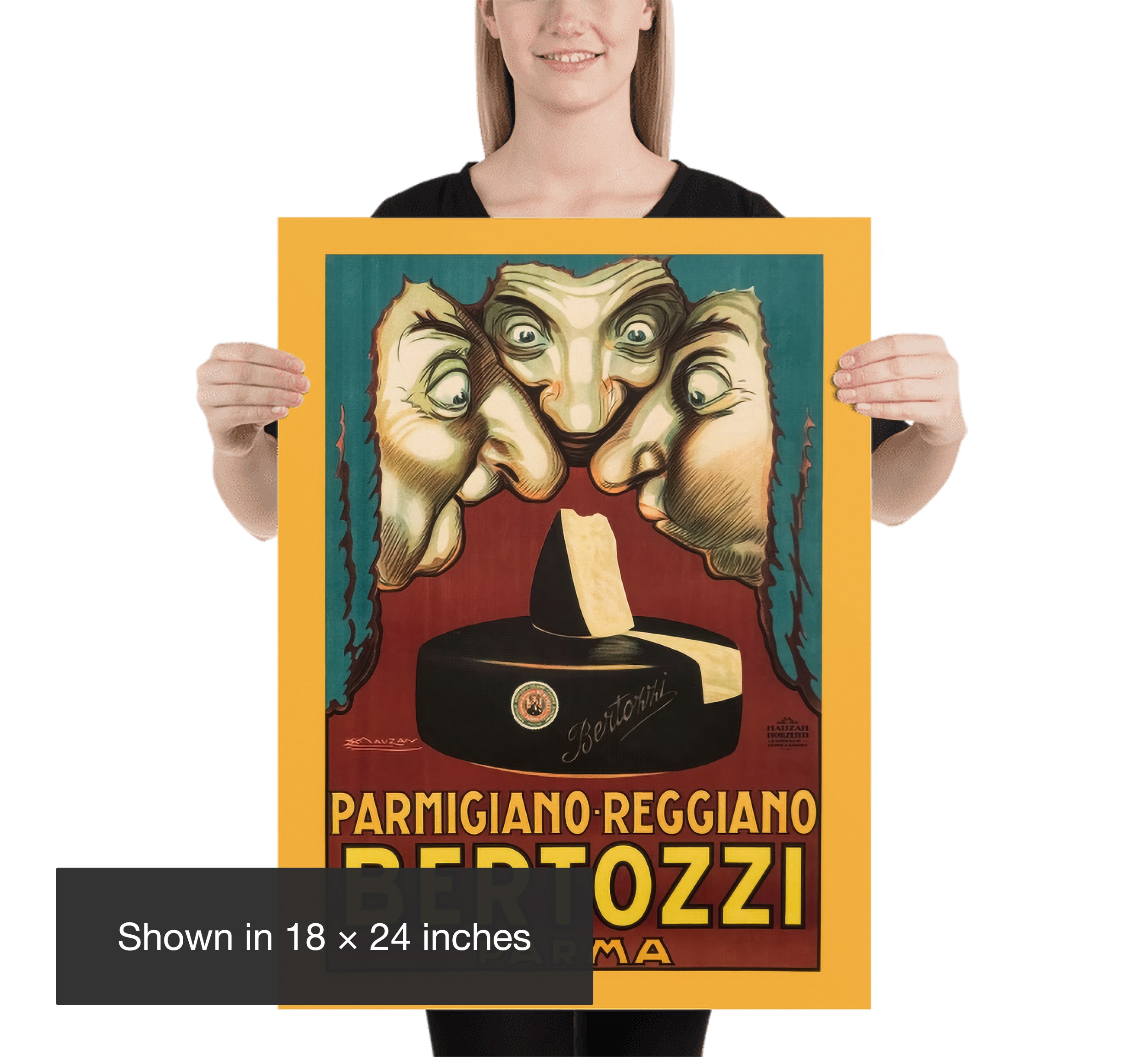 Woman holding an 18 × 24 inch Bertozzi Parmigiano Reggiano poster, providing a clear scale reference for the vintage Italian food advertising print.
