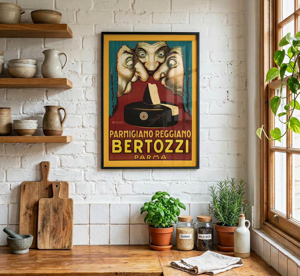 Bertozzi Parmigiano Reggiano vintage advertising poster displayed as Italian kitchen wall art in a warm rustic interior.