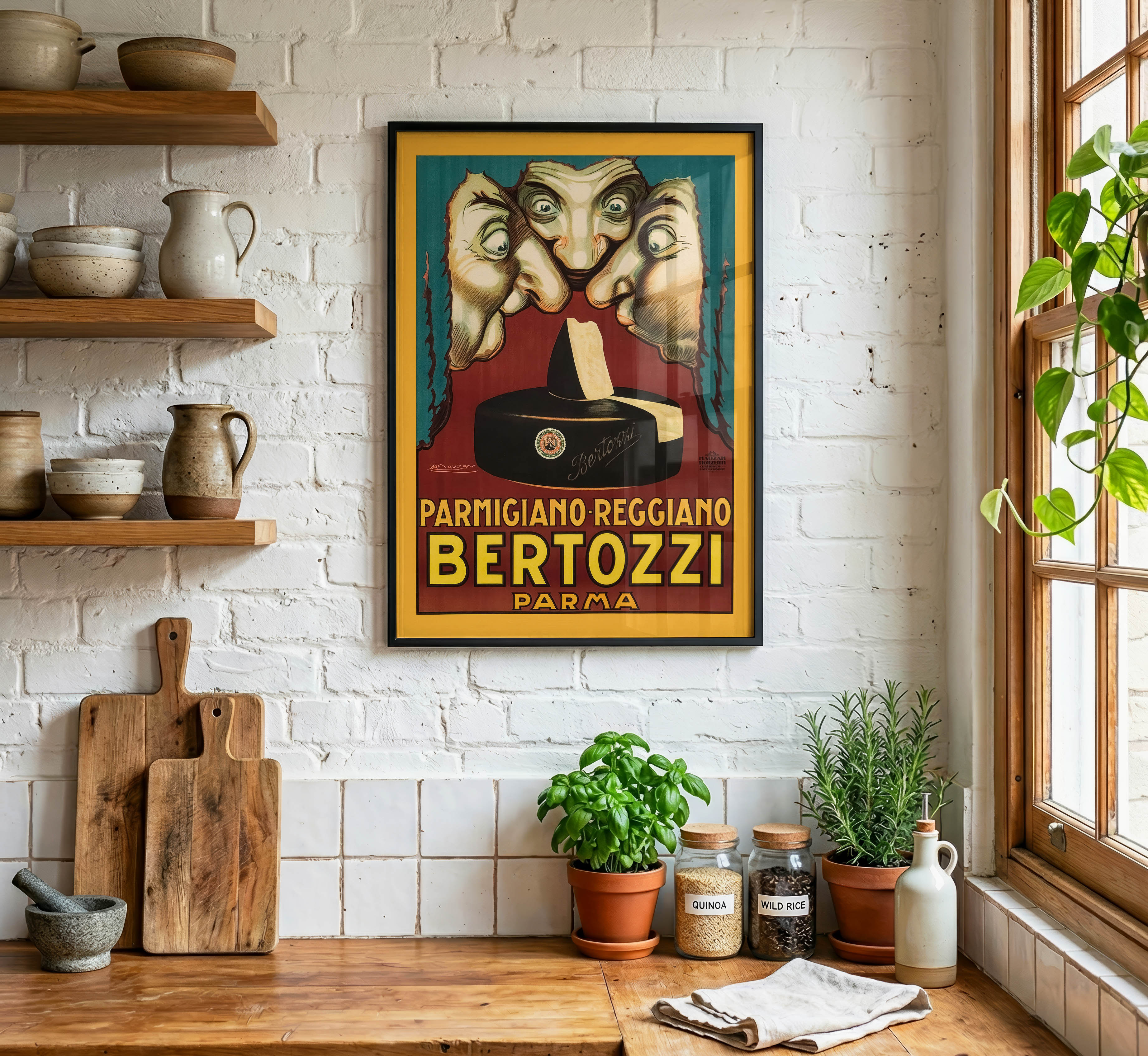 Bertozzi Parmigiano Reggiano vintage advertising poster displayed as Italian kitchen wall art in a warm rustic interior.