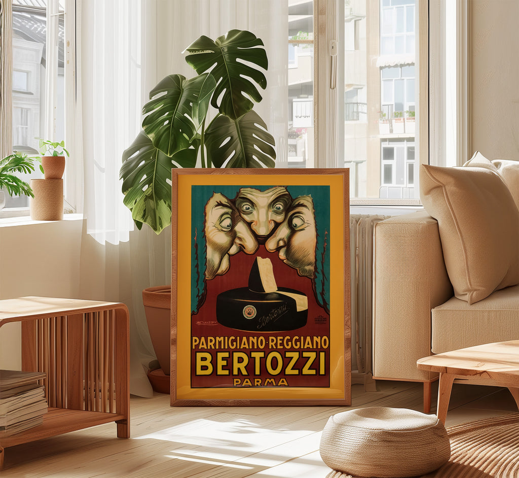 Vintage Bertozzi Parmigiano Reggiano poster displayed in a bright contemporary living room with warm wood furniture and natural light.