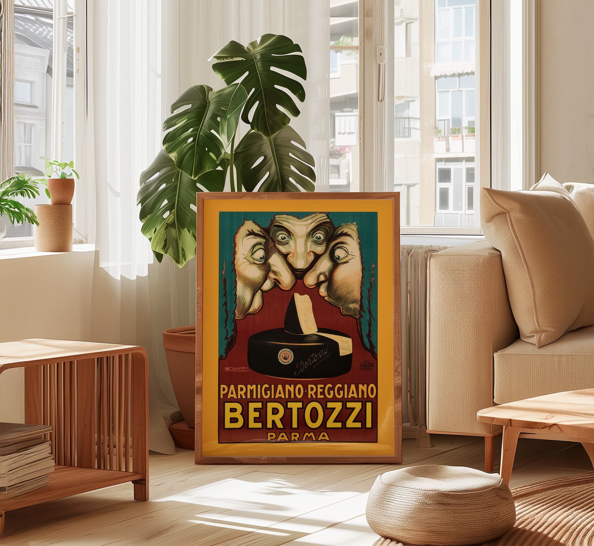 Vintage Bertozzi Parmigiano Reggiano poster displayed in a bright contemporary living room with warm wood furniture and natural light.