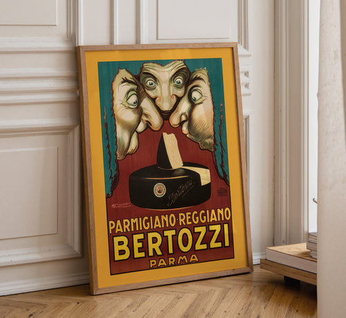 Bertozzi Parmigiano Reggiano vintage Italian advertising poster displayed in a wooden frame against an elegant paneled wall.