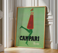 Campari Soda poster by Franz Marangolo featuring a stylized bottle and green background, vintage Italian advertising wall art.