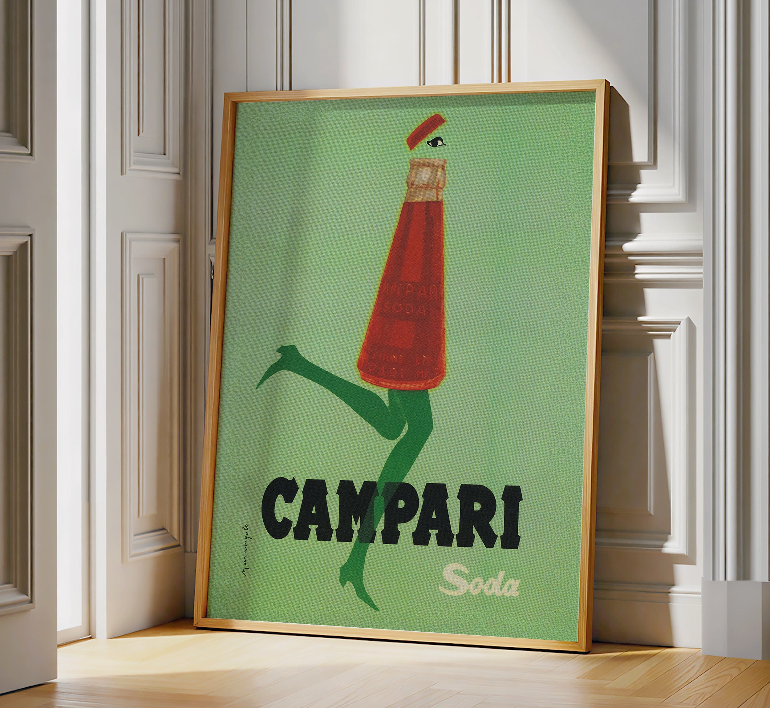 Campari Soda poster by Franz Marangolo featuring a stylized bottle and green background, vintage Italian advertising wall art.