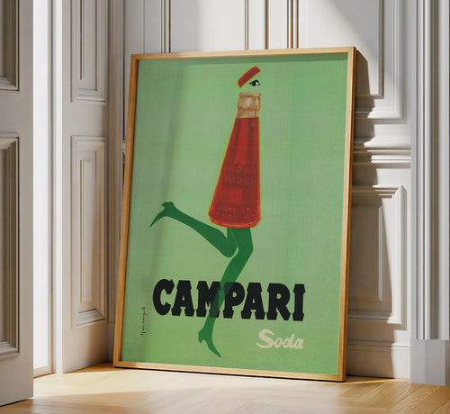 Campari Soda poster by Franz Marangolo featuring a stylized bottle and green background, vintage Italian advertising wall art.