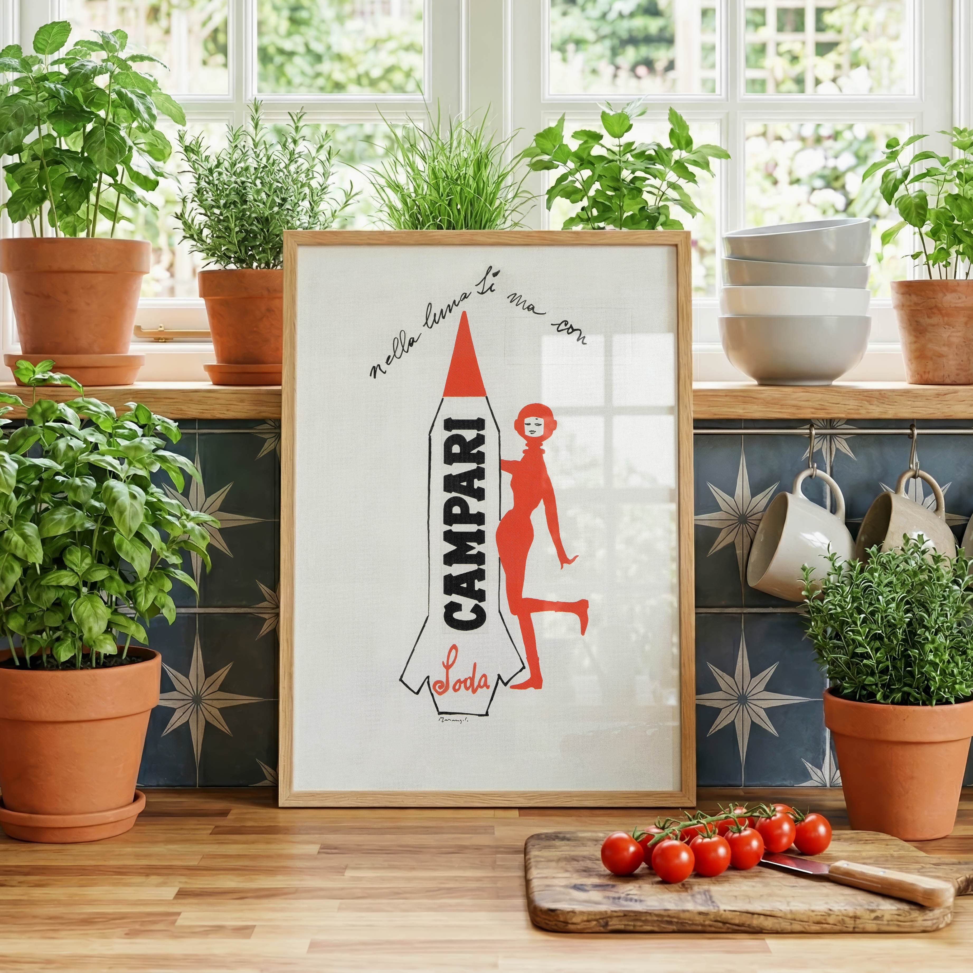 Nella Luna Sì, Ma Con Campari Soda poster styled in a bright kitchen interior.