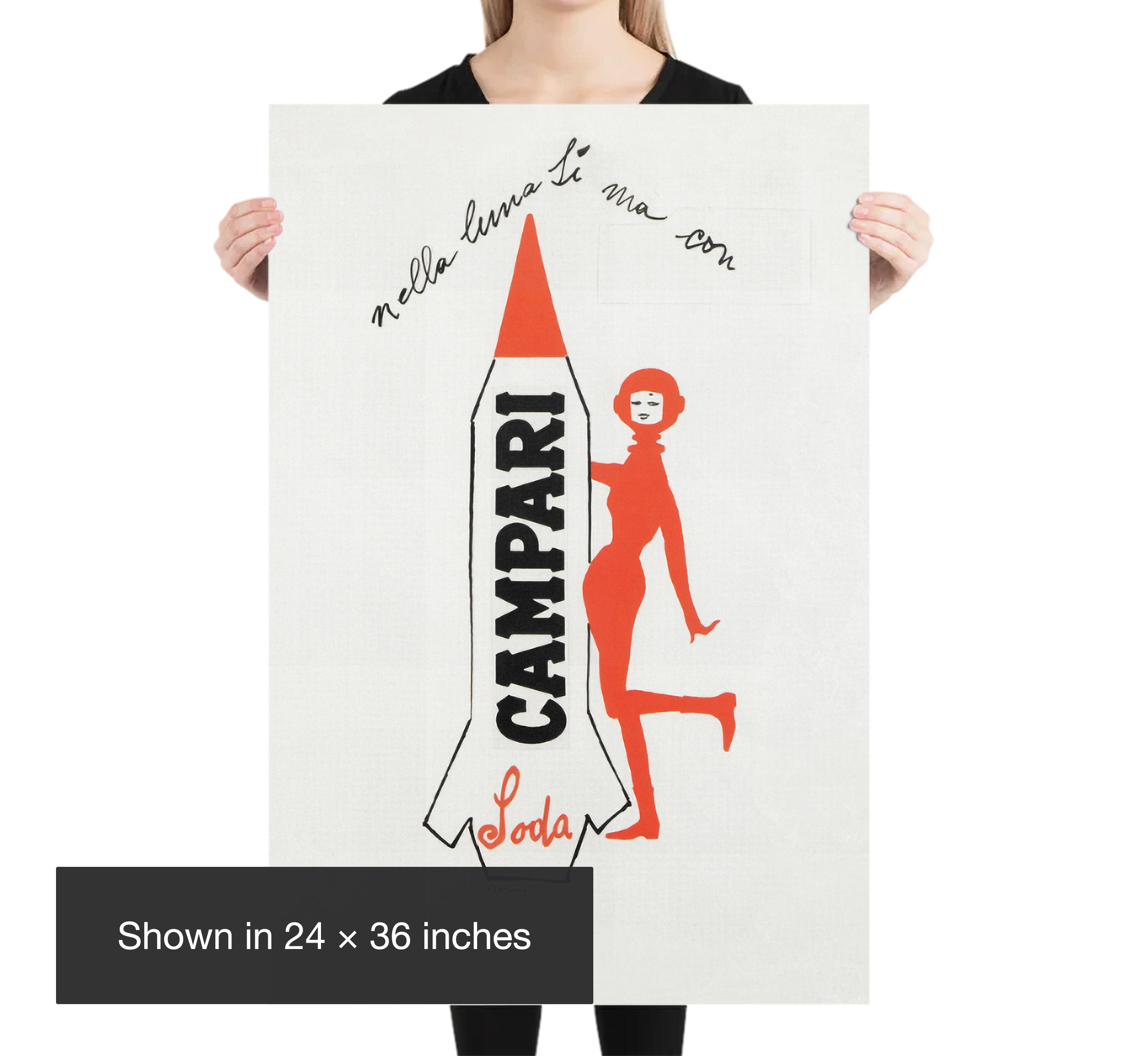 Person holding a 24 × 36 inch Campari Soda poster by Franz Marangolo for size reference.