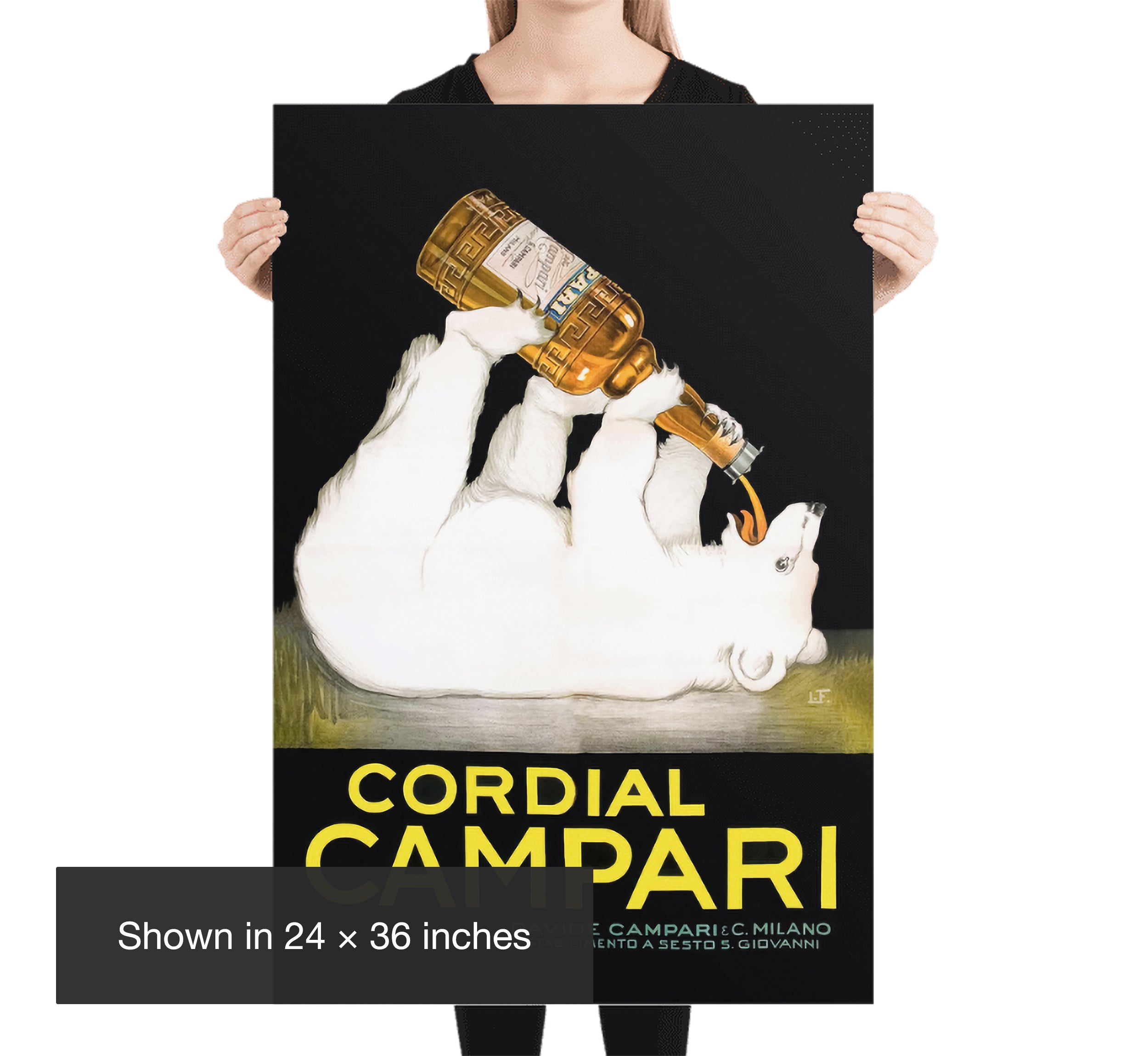 Size reference showing the Cordial Campari poster by Franz Laskoff held by a person at 24 by 36 inches.