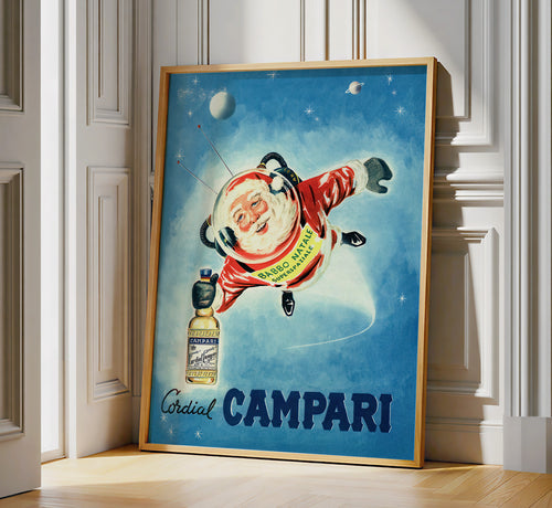 Vintage Cordial Campari advertising poster featuring Babbo Natale dressed as an astronaut floating through a blue Space Age sky.