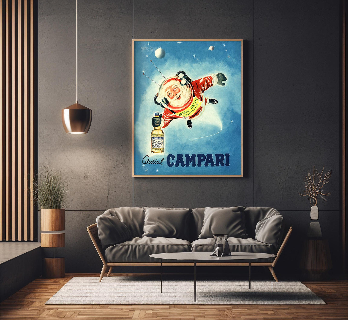 Santa in Space: Vintage Campari Christmas Advertisement Poster, Mid-Century Modern Art