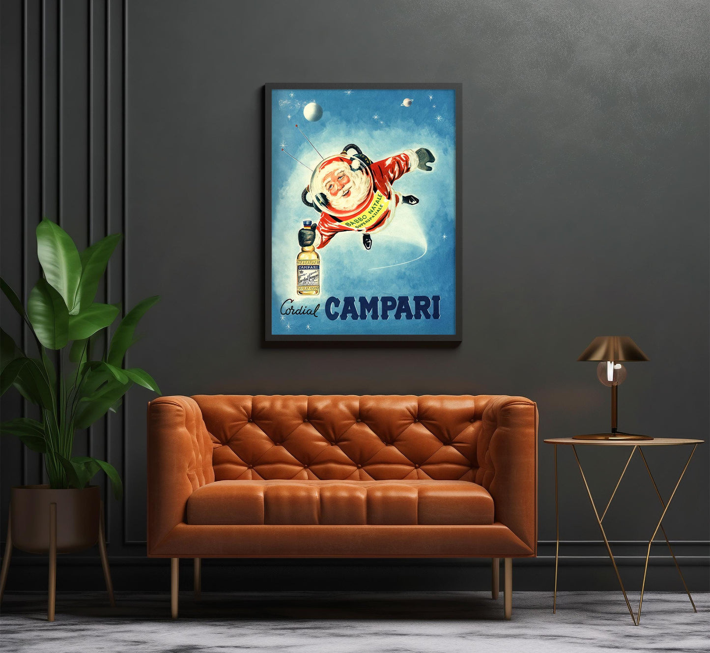 Santa in Space: Vintage Campari Christmas Advertisement Poster, Mid-Century Modern Art