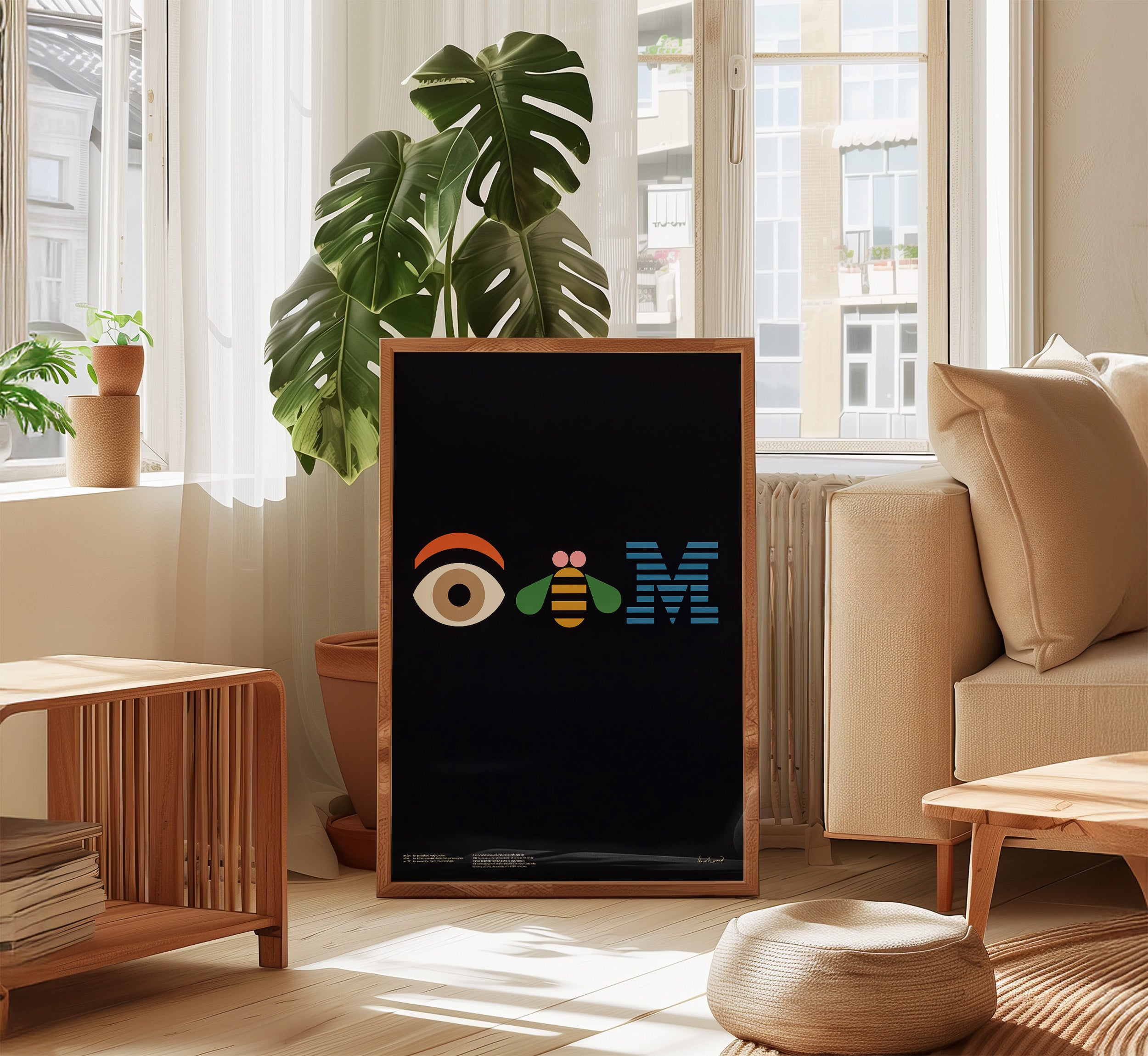 Eye Bee M poster by Paul Rand displayed as large statement wall art in a modern living room.