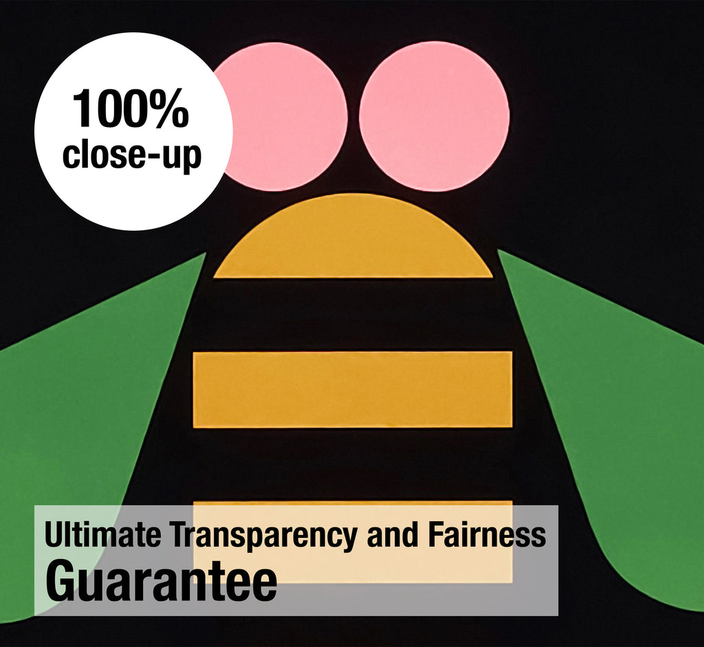 Close-up detail of the colourful bee symbol from Paul Rand’s Eye Bee M graphic design poster.