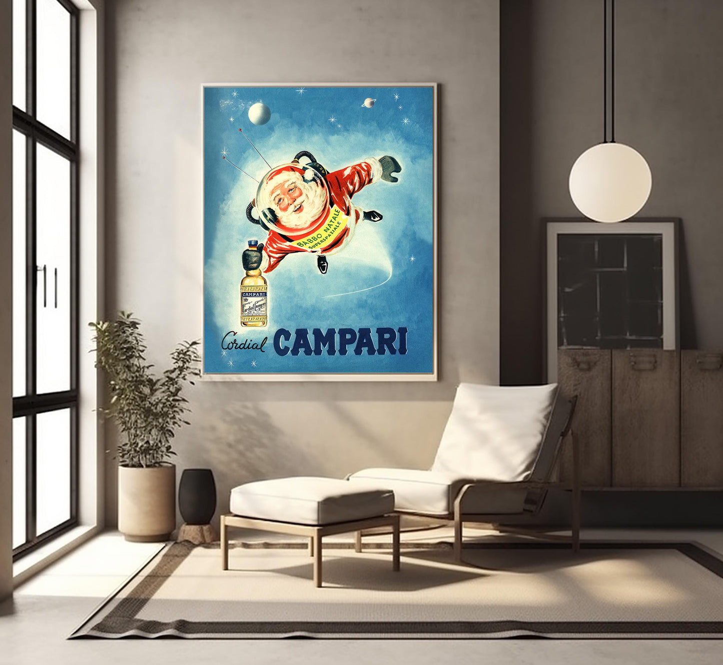 Santa in Space: Vintage Campari Christmas Advertisement Poster, Mid-Century Modern Art