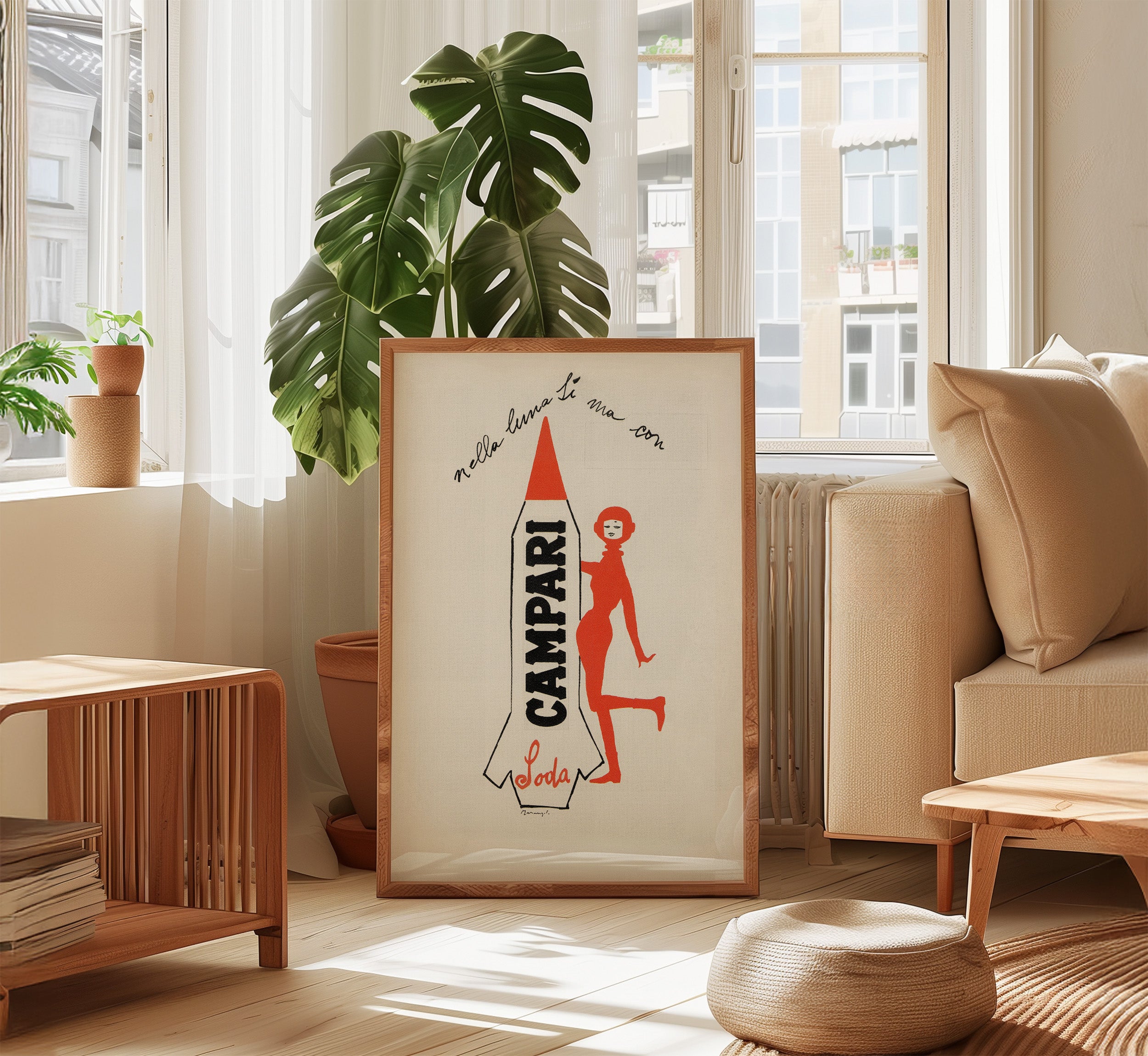 Franz Marangolo Campari Soda poster displayed in a warm modern living room interior.