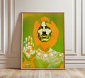 Richard Avedon's iconic 1967 psychedelic portrait of George Harrison featuring symbolic Eastern-inspired artwork and vivid green and golden colours.