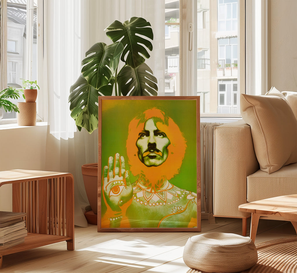 Large George Harrison Richard Avedon print displayed in a bright modern living room interior.