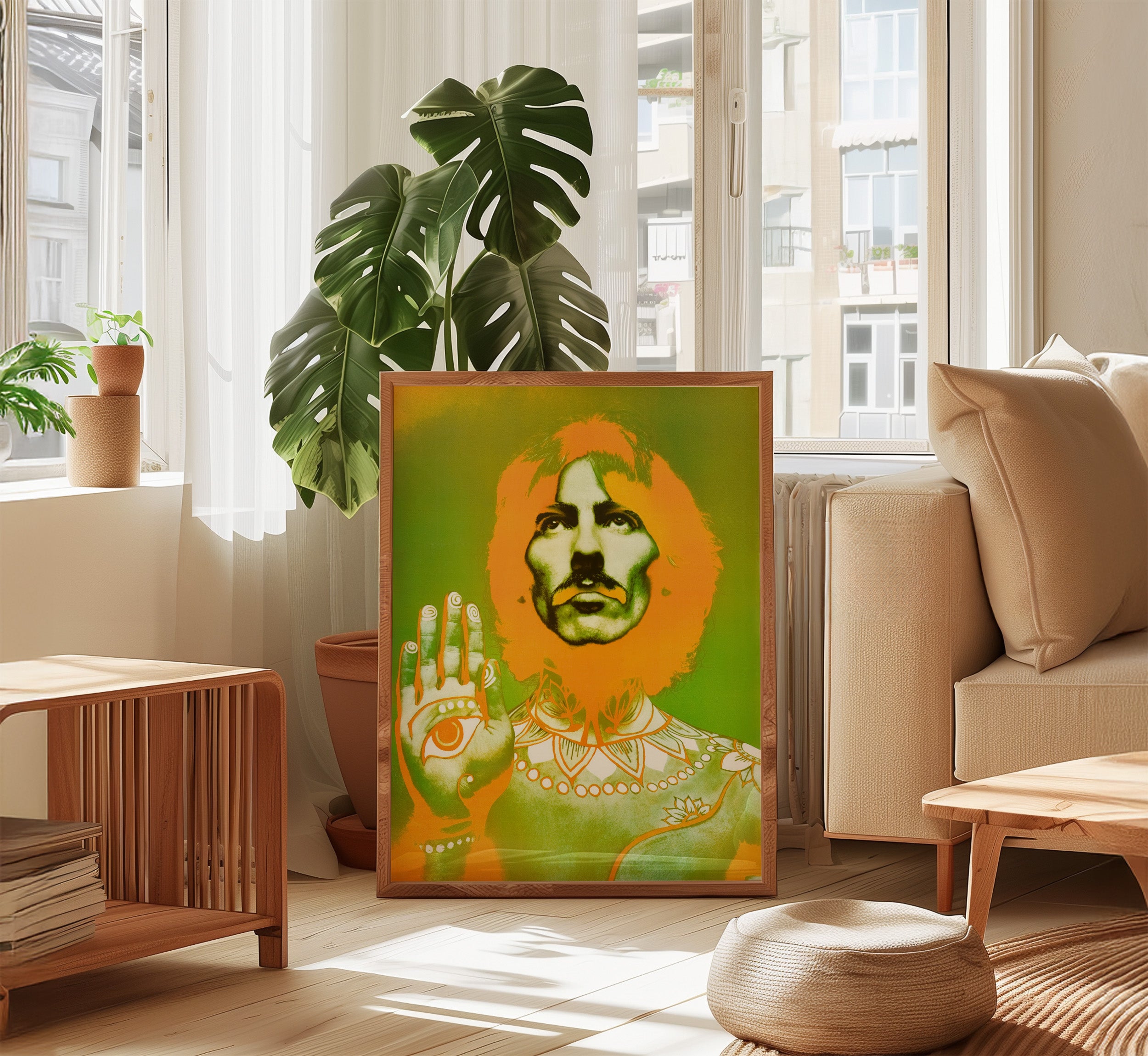 Large George Harrison Richard Avedon print displayed in a bright modern living room interior.