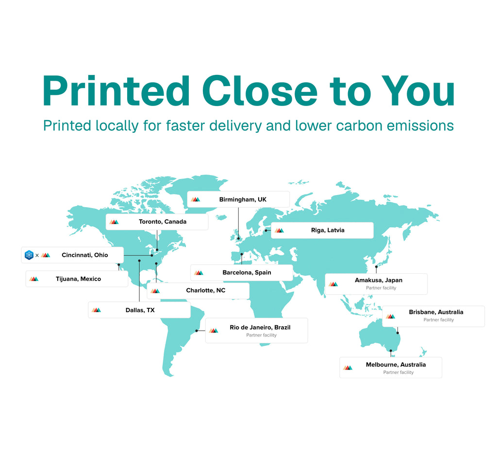 World map illustrating Editoriale's worldwide print fulfillment network, showing local production for faster delivery and lower carbon emissions.