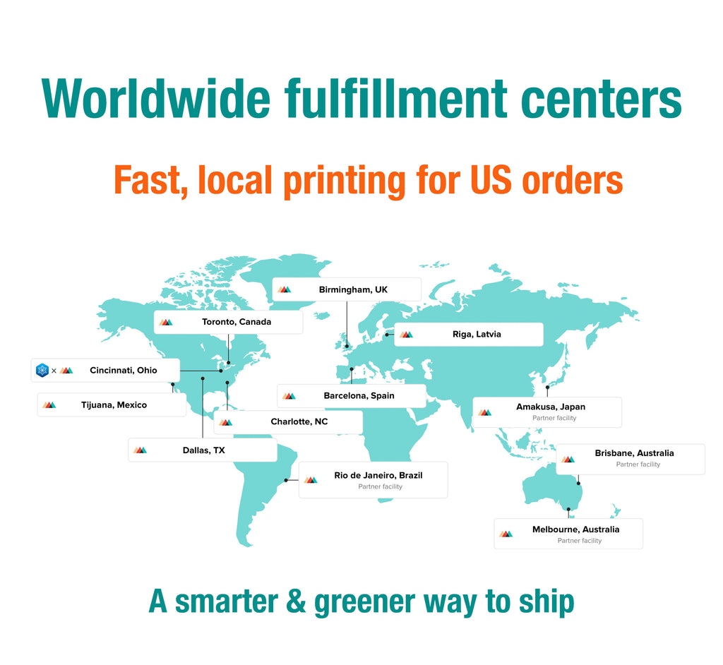 Map showing Editoriale's worldwide fulfillment centers for fast local printing, faster delivery, and reduced shipping distances.