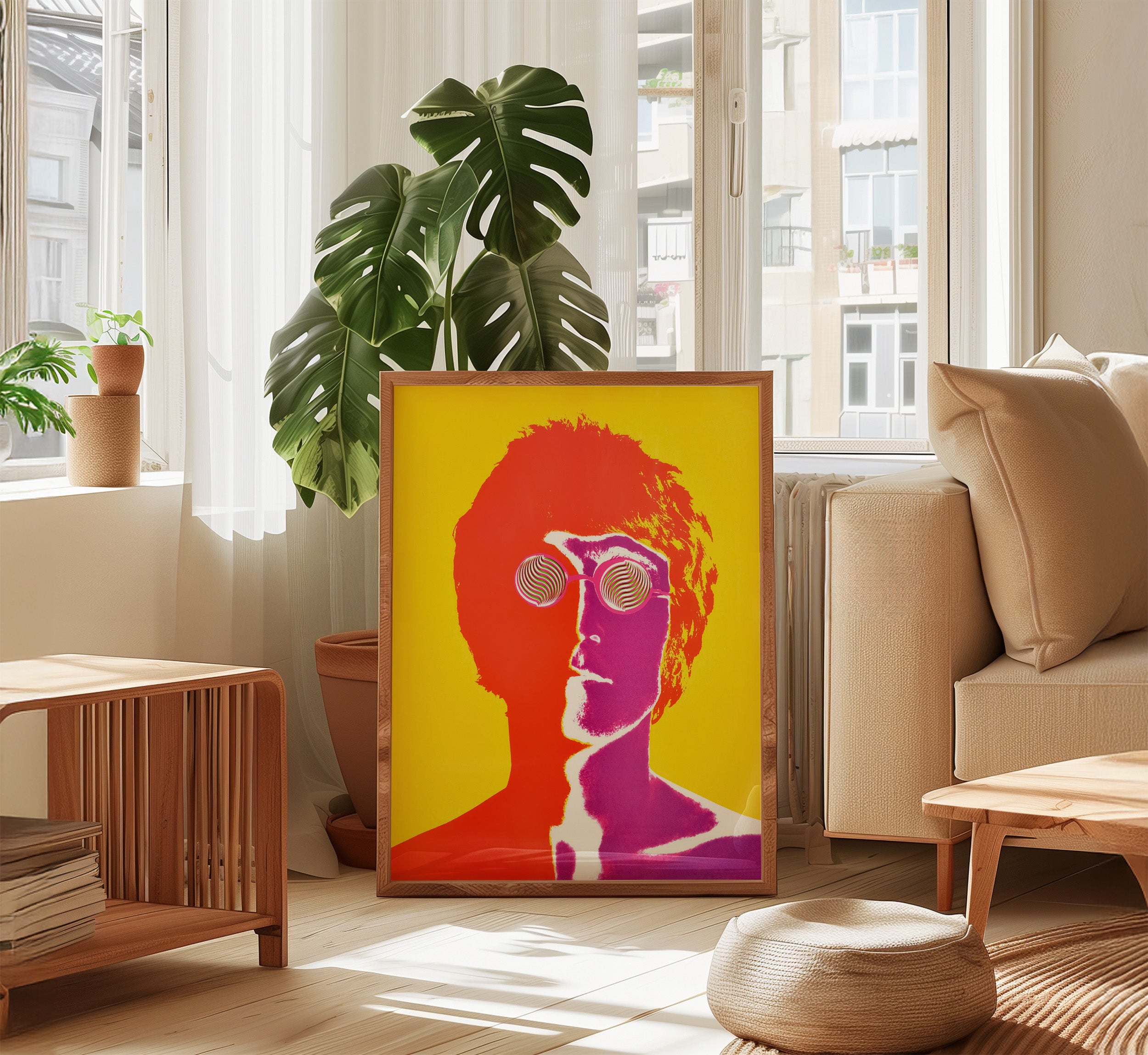 Colorful 1967 John Lennon portrait by Richard Avedon displayed in a bright modern interior with natural wood furniture and plants.